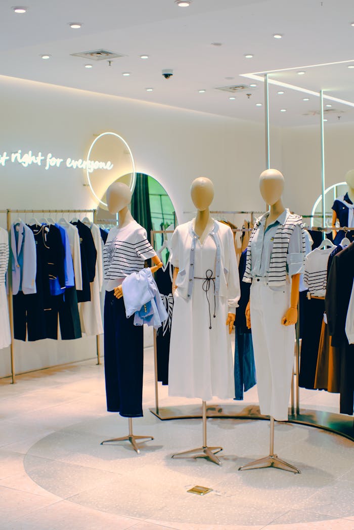 gallery-5 Chic clothing store interior with stylish mannequins. Elegant fashion display for retail inspiration.