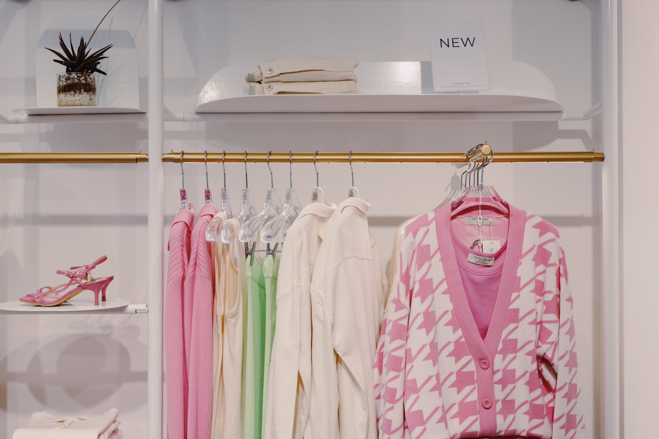 services-02 Stylish women's clothing on rack featuring pink cardigan and green dress inside a boutique.