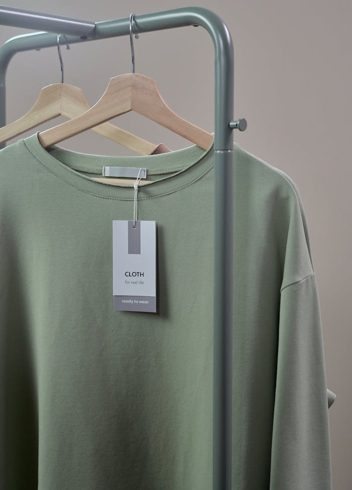 services-01 Close-up of a green shirt on a hanger with label tag on a minimalist clothing rack.